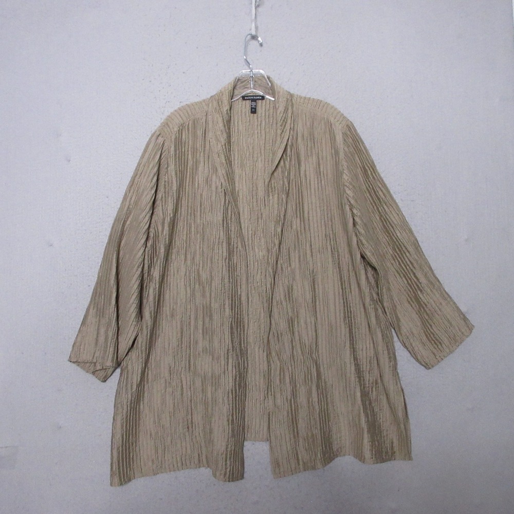 Eileen Fisher Jacket Large Tan Textured Crinkle Lagenlook Quiet Luxury Cover up